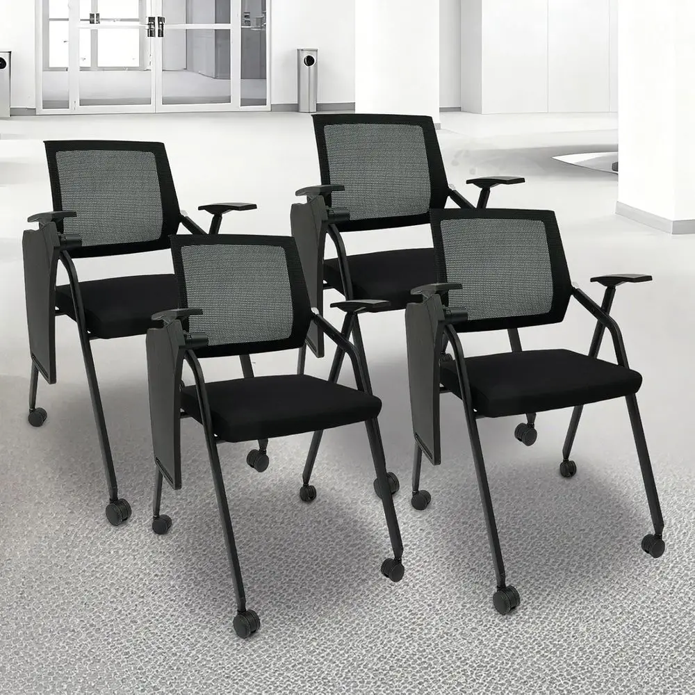 

Stackable Conference Room Chairs with Writing Boards, Wheels, Armrests, and Cushioned Seats (Set of 4)