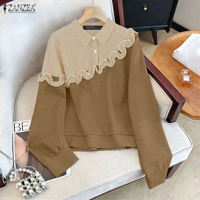 

2026 ZANZEA Women Spring Striped Patchwork Blouse Casual Long Sleeve Tops Lapel Neck Work Shirt Stylish Flounce Work Pullovers