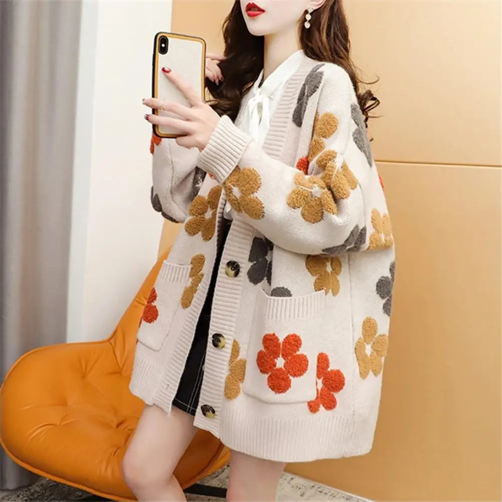 Women Sweater Coat Stylish Women's V-neck Jacquard Sweater Coat with Floral Embellishments Long Sleeves Ribbed Trim for Autumn