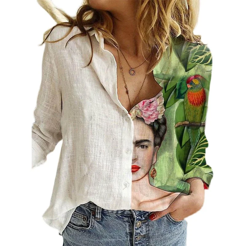 Street Sle Bianco Stampato Lungo Sve irt Multi Color Faionable Colletto superiore Dettaglio bottoni Taglio dritto Irt da donna