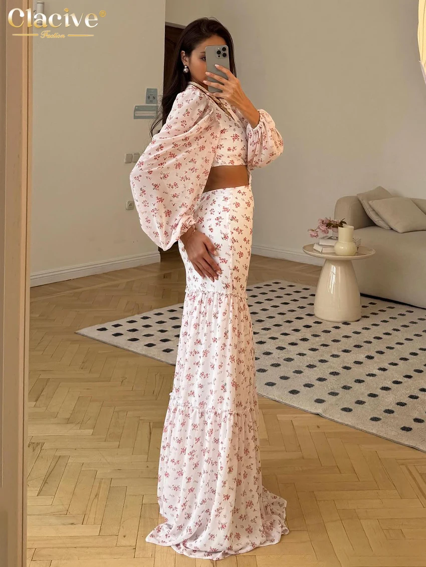 Clacive Sexy Loose Print Women's Dress 2025 Fashion V-Neck Long Sleeve Maxi Dresses Elegant Classic Hollow Out Female DressClaci