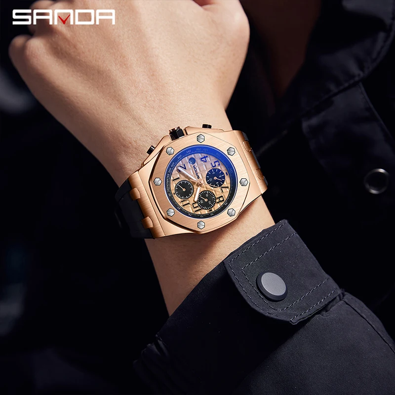 SANDA Casual Fashion Rose Gold Case Black Silicone Automatic Mechanical Watch For Men 30M Waterproof Clock Gift Reloj Hombre