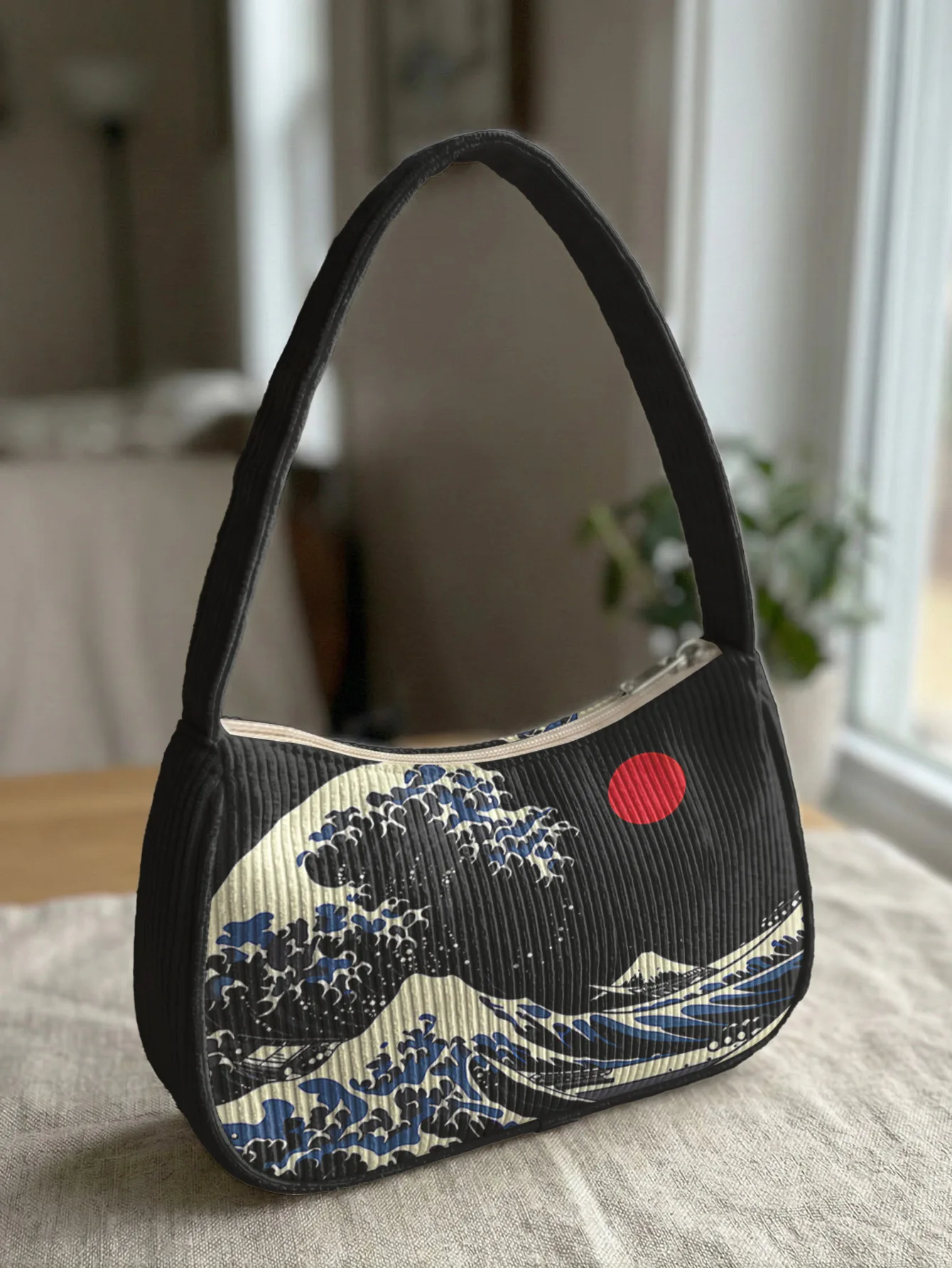 Trendy The Great Wave Print Shoulder Bag, Black Corduroy Underarm Bag for Daily Casual Use