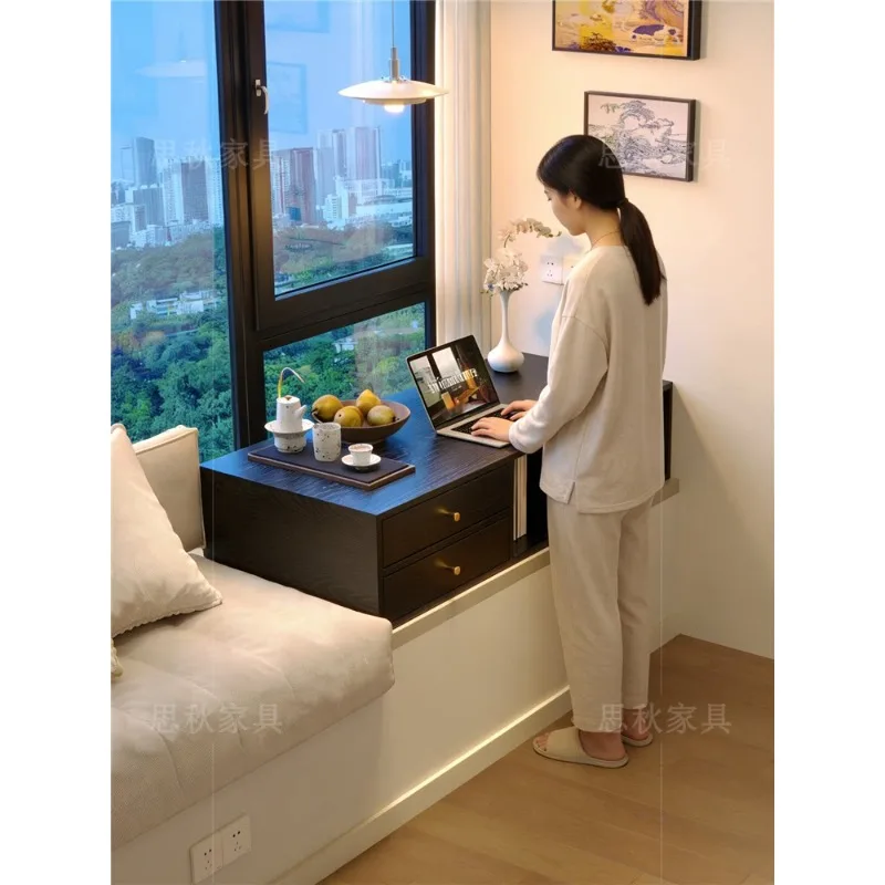 Solid Wood Bay Window Desk Black with Drawer Storage Bedroom Home Computer Desk Window Sill Writing Study Table Customized