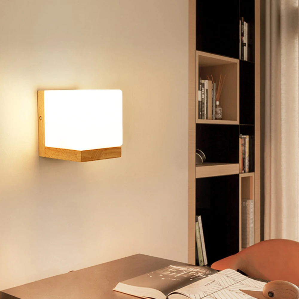Nordic Wood Wall Lamps with Glass Shade Home Indoor Decor Sconce Bedside Lamp Modern Led Wall Light Night Lights Fixtures E27 view 3
