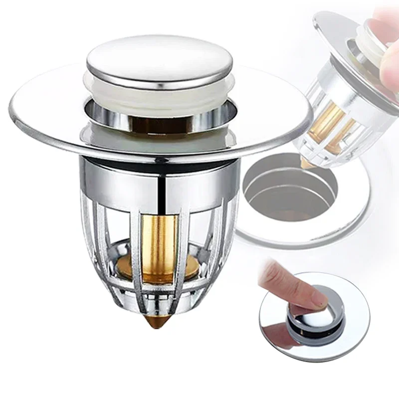 Filtro de desagüe universal con tapón de rebote, filtro emergente cromado para lavabo con atrapapelos, tapón de desagüe para lavabo de baño de fácil apertura tipo pulsador