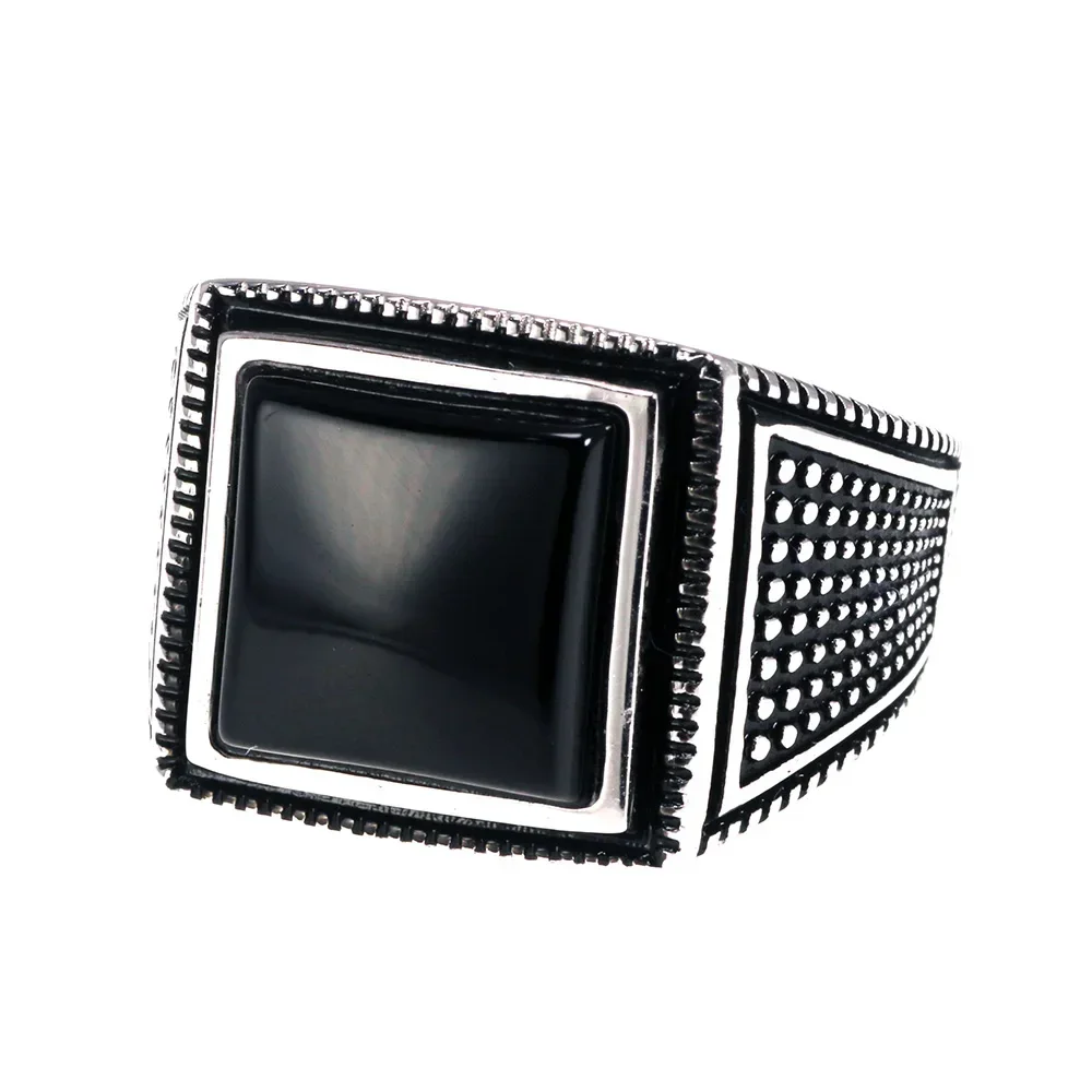 925 Sterling Silver Mens Ring with Black Natural Agate Stone Simple Geometric Design Wedding Rings for Men Size 7-13