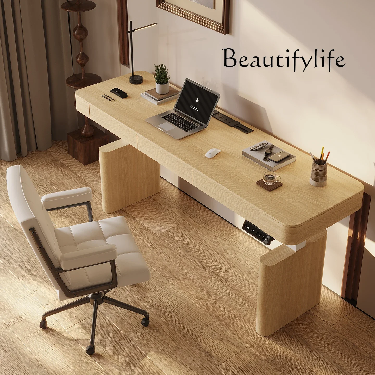 Factory Promotion White wood solid wood electric lifting table modern office computer desk double motor with drawers study table