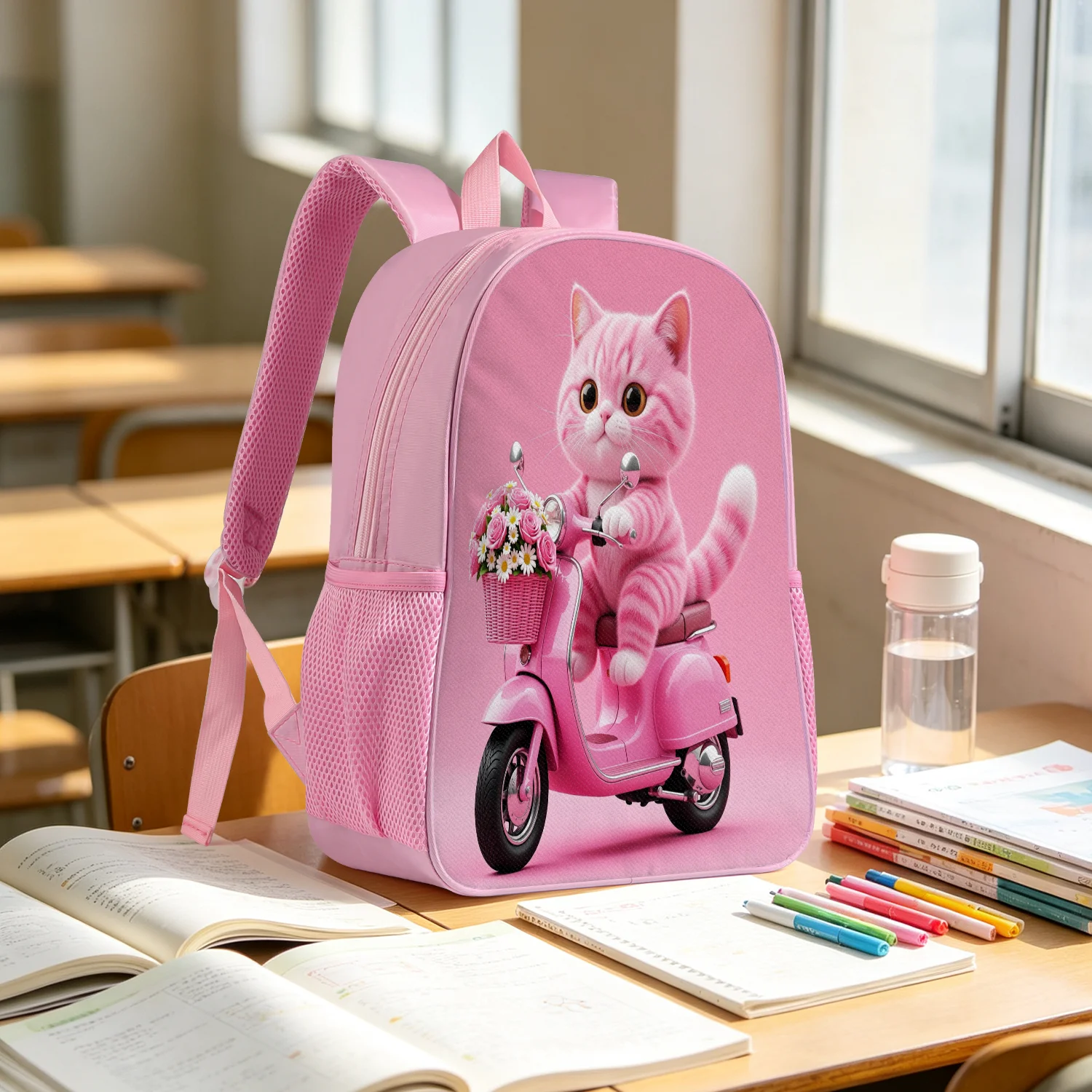 Cute Pink Cat Kitten Backpack Lightweight School Bookbag with Scooter Flower Rose Print Adjustable Padded Straps