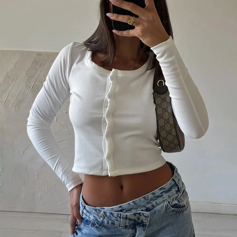2026 Spring Summer New Short Waist Baring Long Sleeve Button Cardigan  Slimming Round Neck Top Women