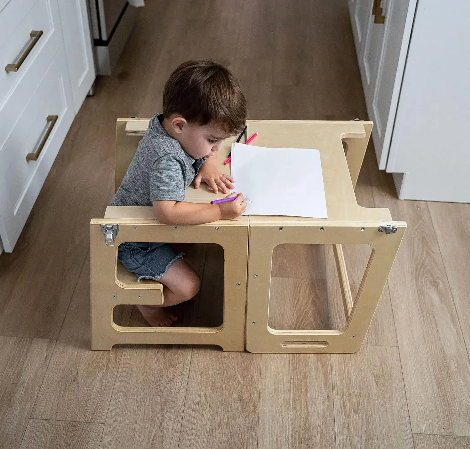 4-in-1 Foldable Kitchen Tower - Toddler Step Stool with Chalkboard, Desk Table and Chair