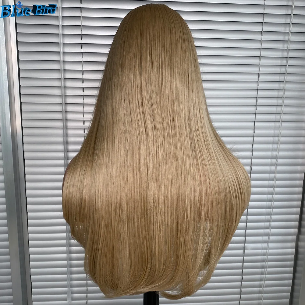 103# Futura Synthetic Hair Lace Front Wig with Bangs Honey Blonde Silky Straight Heat Resistant Half Hand Tied Wigs for Women