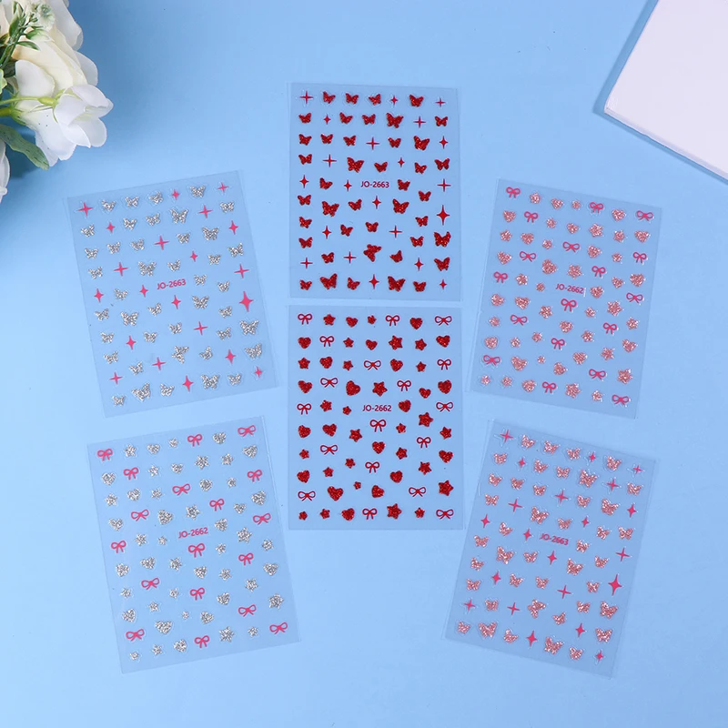 Pink Butterfly Butterfly Bow Nail Stickers Shiny Laser 3D Butterflies Nail Decals Adhesive Butterfly