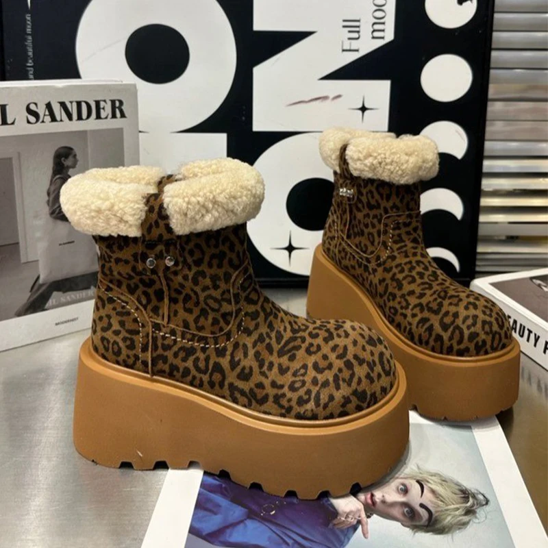 

Leopard Women Snow Boots Flats Platform Fur Shoes Warm Ankle Cotton Boots 2025 Winter Fashion Sport Shoes Casual Short Botas