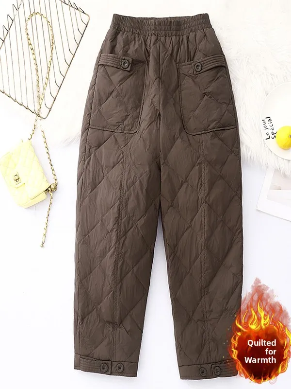 Pantalones Harlan de algodón con identificación de diamante de Color puro artístico, pantalones casuales cálidos adelgazantes versátiles de talla grande para mujer, pantalones holgados de cintura alta