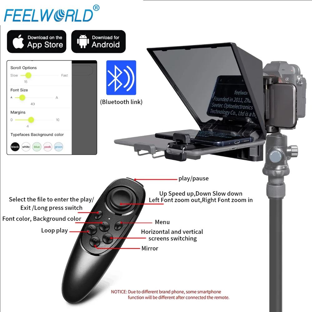 FEELWORLD TP2 téléprompteur portable de 8 pouces prend en charge jusqu'à 8" uniquement prise de vue DSLR avec anneaux d'adaptation d'objectif de contrôle Bluetooth