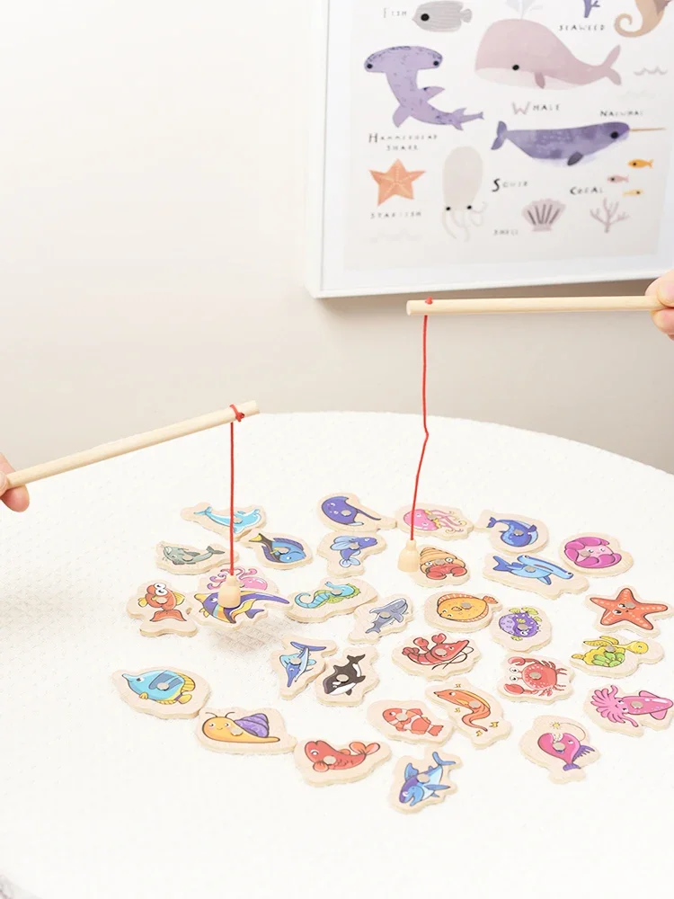 Angeln Spielzeug Montessori Holz Für Kinder Magnetische Marine Leben Erkenntnis Fisch Spiele Eltern-kind-Interaktive Pädagogisches Spielzeug