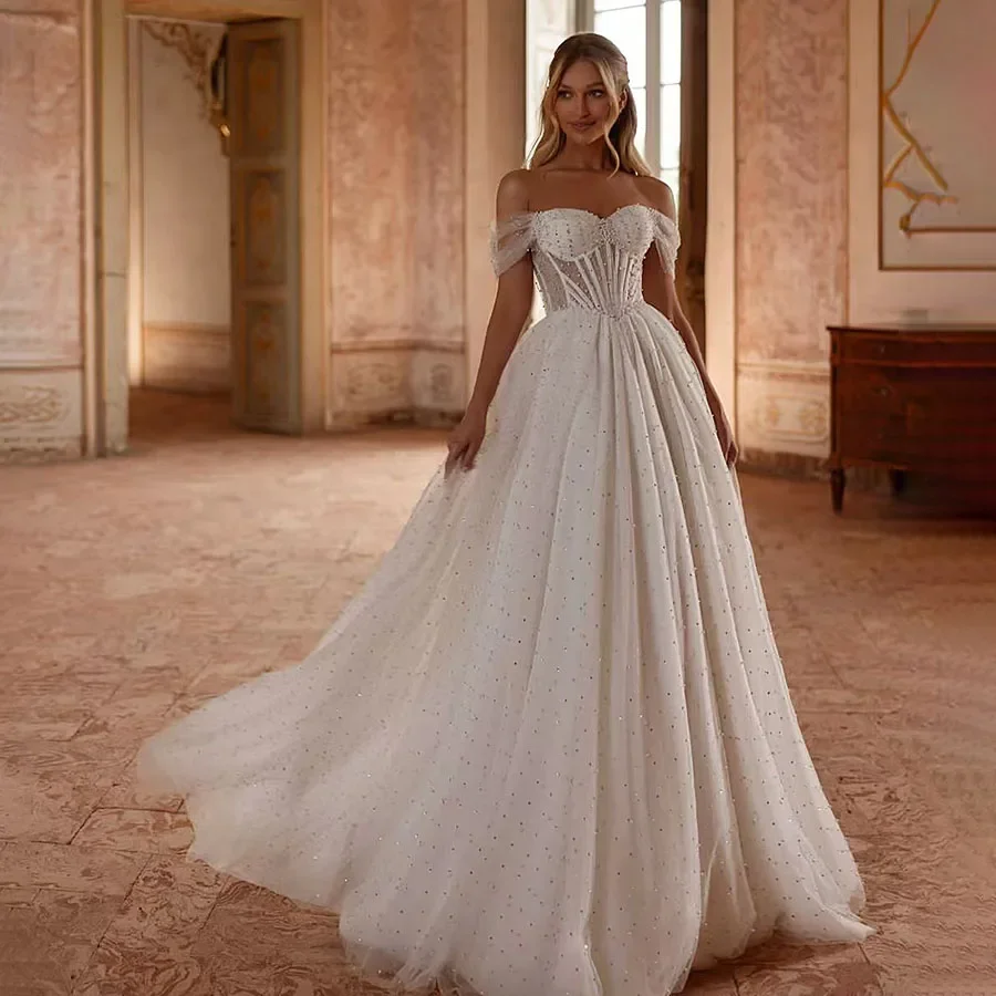 Personalizado 2025 amanda a linha vestido de casamento tule vestidos de fiesta fora do ombro elegante sem mangas até o chão vestido de noiva