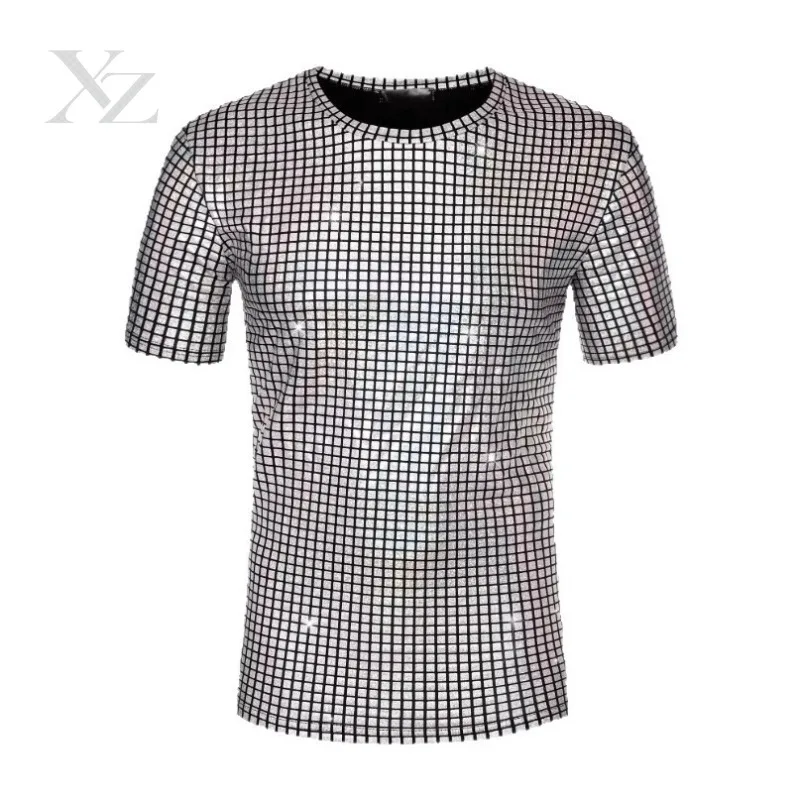 Opening Sale |Men's Gold Sequin Disco T-shirt Slim Fit Short Sleeve Crew Neck Clubwear For Party
