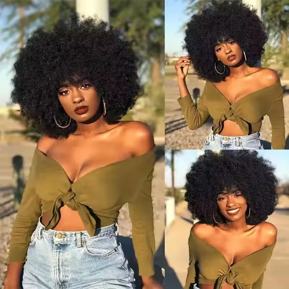 

Afro Kinky Curly Wigs Human hair Wear and Go Glueless Short Natural Black Afro Wigs 100% Human Hair with bangs For Black Women