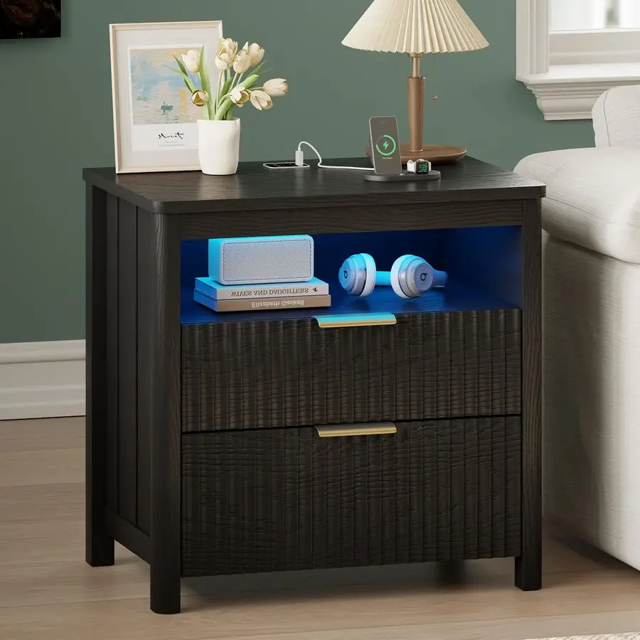 Conjunto de mesa de cabeceira de 23,6 polegadas 2 com gaveta de arma para quarto, mesinhas de cabeceira cinza com compartimento oculto, iluminação LED automática, carregamento St