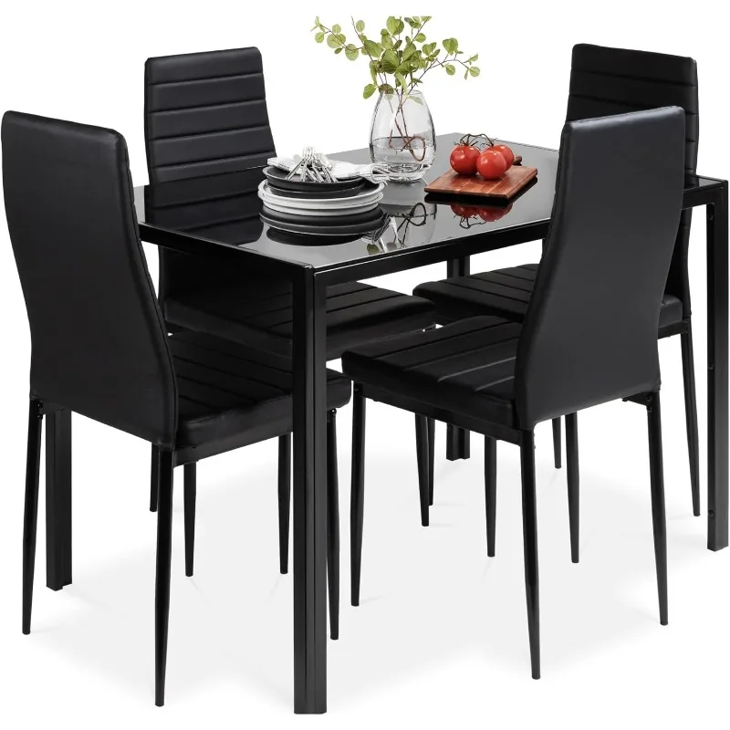 Best Choice Products 5-Piece Glass Dining Set, Kitchen Table, w/Glass Tabletop, 4 Upholstered PU Chairs, Metal Steel Frame,Black