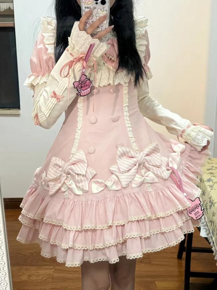 

Sweet Kawaii Pink Bow Slim Dress Summer New Lolita Short Sleeve Patchwork Dresses Women Japanese Lovely Skinny A-line Dresses