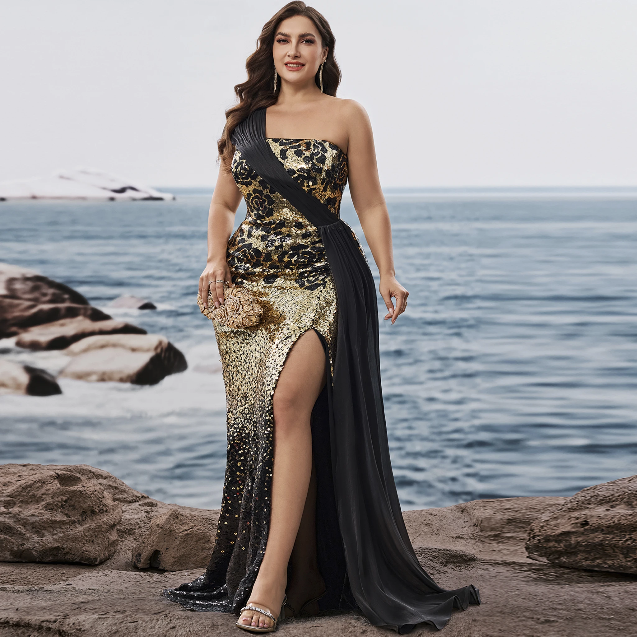 

rosymae Plus Size Elegant off-shoulder Sleeveless Evening Dresses Luxurious Slit Wedding Party Mermaid Ribbon Cocktail Gowns