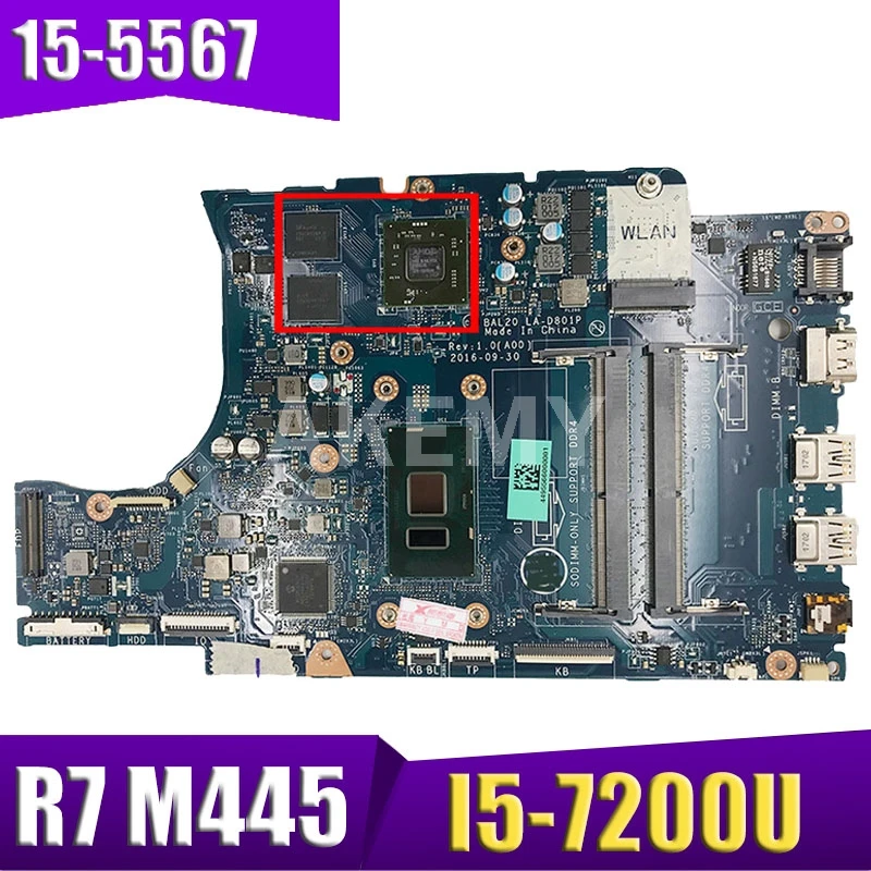 

For DELL Inspiron 15 5567 17 5767 Notebook Mainboard CN-0KFWK9 0KFWK9 BAL20 LA-D801P I5/I7-7500U+ R7 M440 4GB Laptop Motherboard