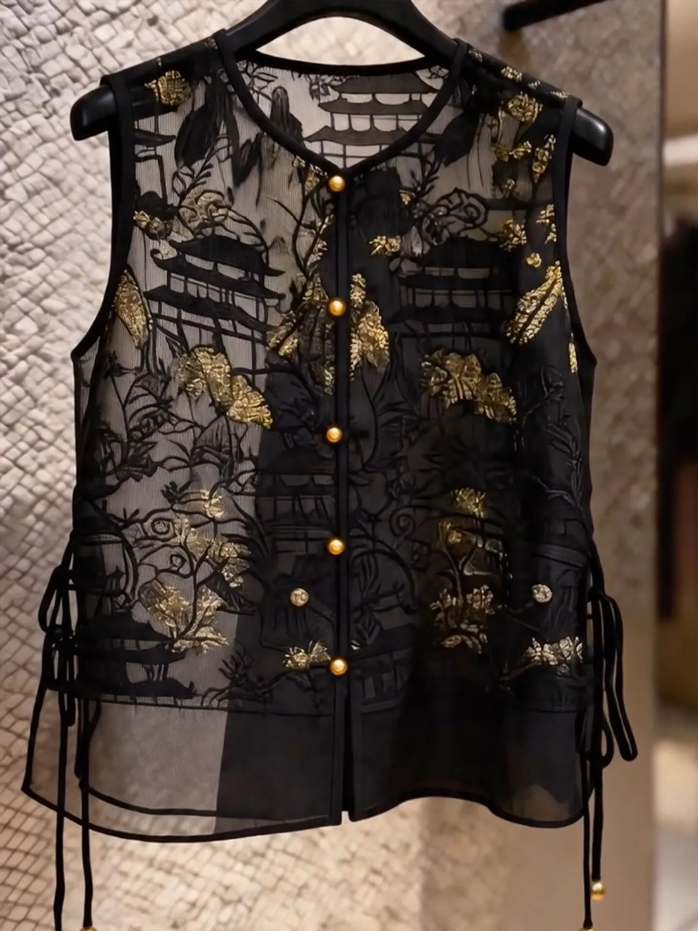 Womens Embroidered Vest Lace up Organza Waistcoat