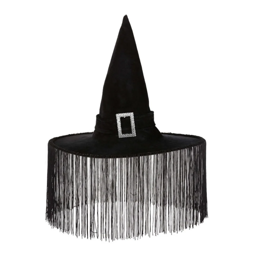 Trendy Black Halloween Caps Ruffle Tassel Metal Buckle Witch Hat Costume Accessories Queen Flower Wizard Cap Travel