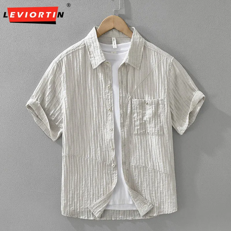 

Мужская рубашка с короткими рукавами и свежей однотонной текстурой в японском стиле, модный и универсальный, художественный и повседневный свободный топ