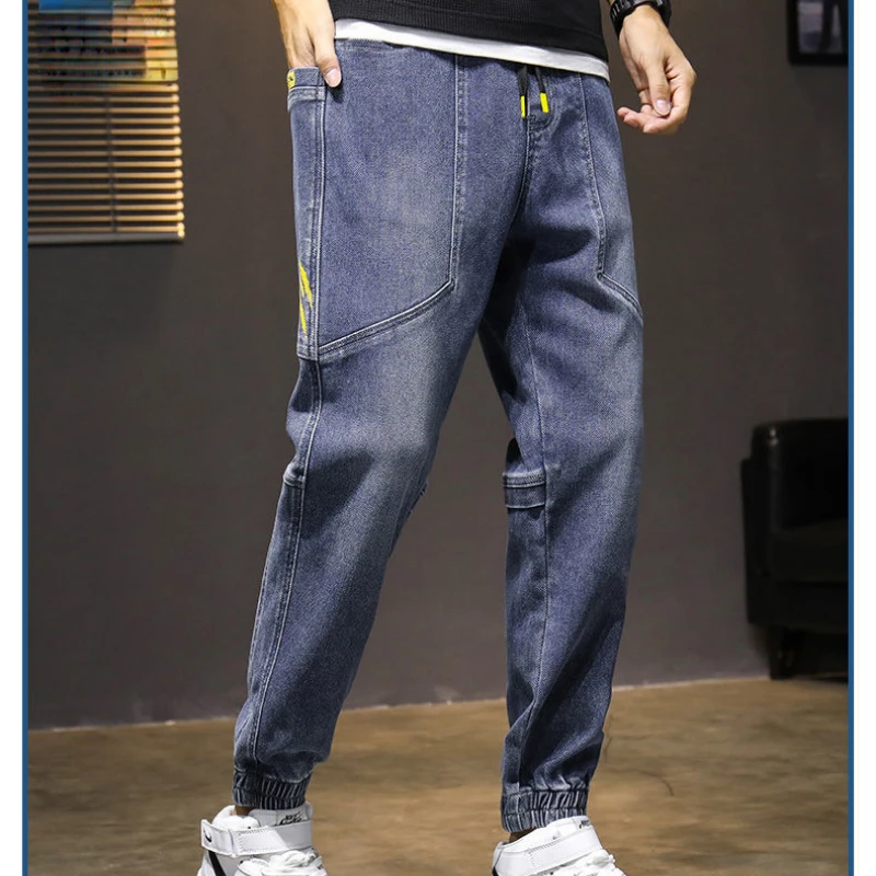 Jeans Men Hip Hop Sweatpants Casual Streetwear Cargo Jeans Harajuku Elastic Waist Trouser Men Clothing Korean Fashion Black Blue