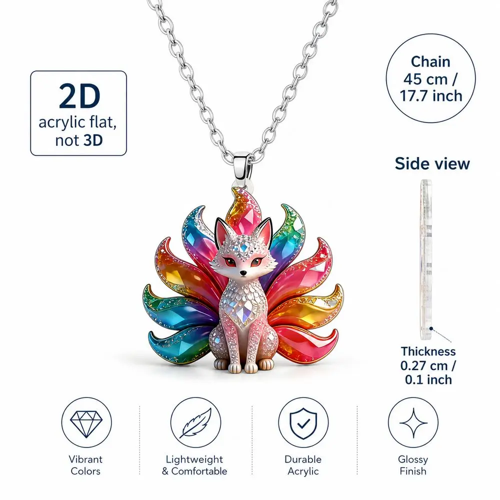 2D Acrylic Nine-Tailed Fox Necklace Chinese Style Lightweight Animal Pendant Necklace Colourful Shining Women Jewelry