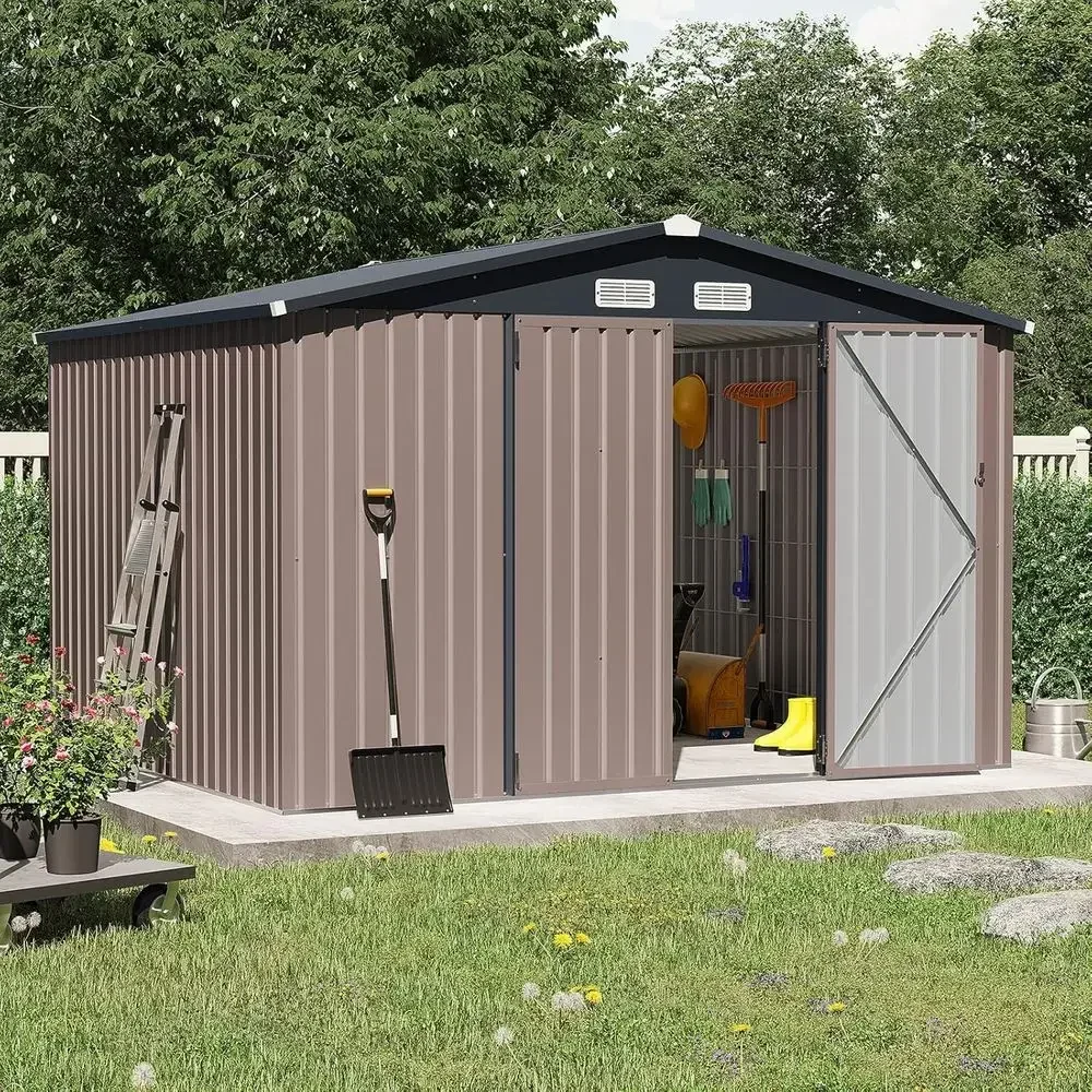 Durable 10x8 Outdoor Storage Shed - Galvanized Steel with Lockable Door for Garden Tools and Patio Storage