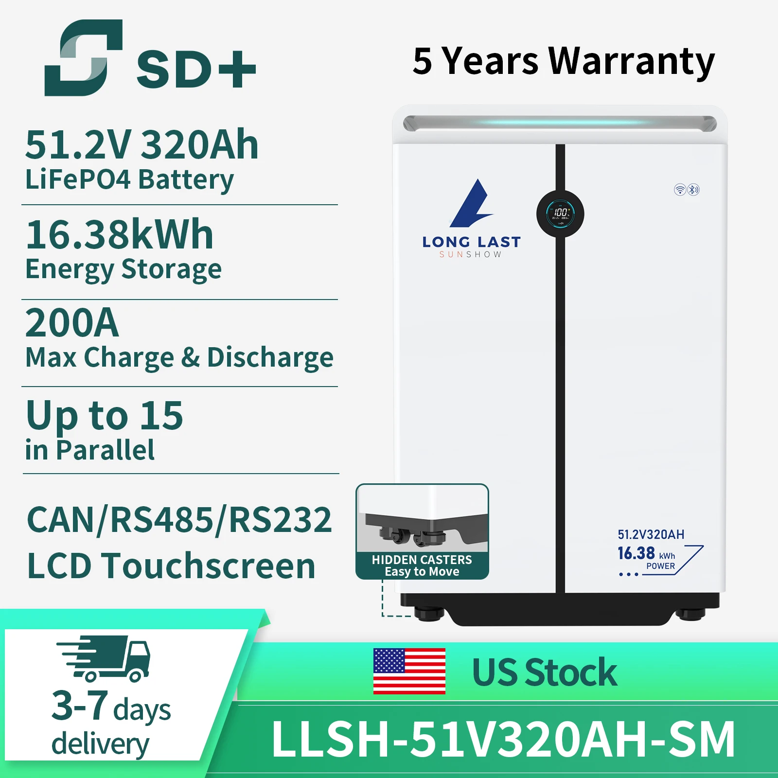 SANDISOLAR LLSH LiFePO4 Battery 51V320AH 16384Wh Deep Cycle Lithium Iron Phosphate 6000 Cycles Built in BMS for Solar System for Solar System RV Marine Off Grid Stock Fast Delivery