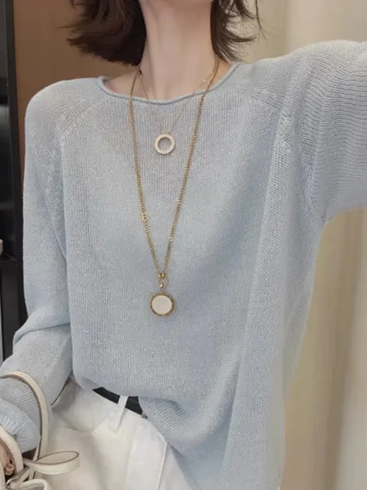 Cienki, długi sweter damski z dzianiny, luźny krój, ochrona przed słońcem, modny top, styl koreański, jednolity kolor, do pracy, trendy.