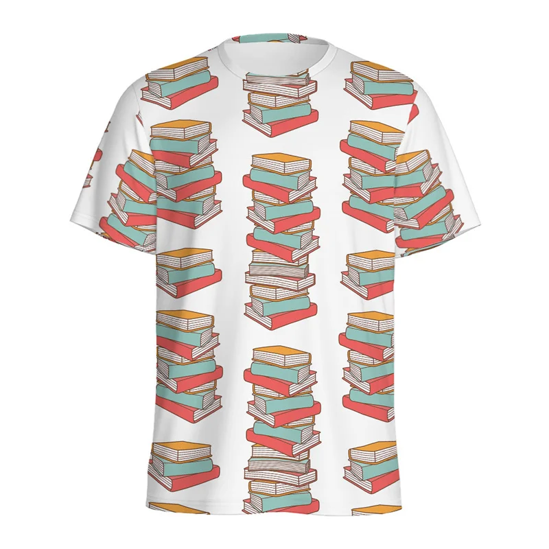 Colorful Cartoon Book Pattern T-shirt For Men Round Neck Short Sleeves 3D Printed Bookshelf Library T Shirts Summer Kids Tees