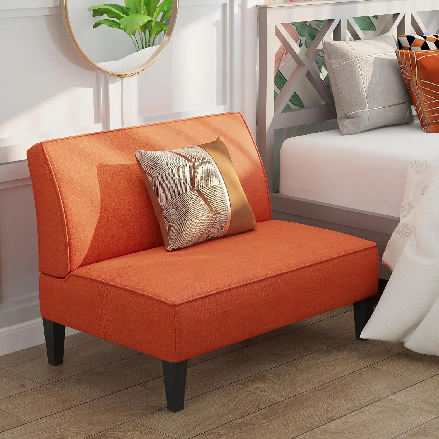 Small Loveseat Mini Sofa Couch Accent Upholstered Bench with Back Living Room Bedroom Office ArmlLove Seat Settee Orange