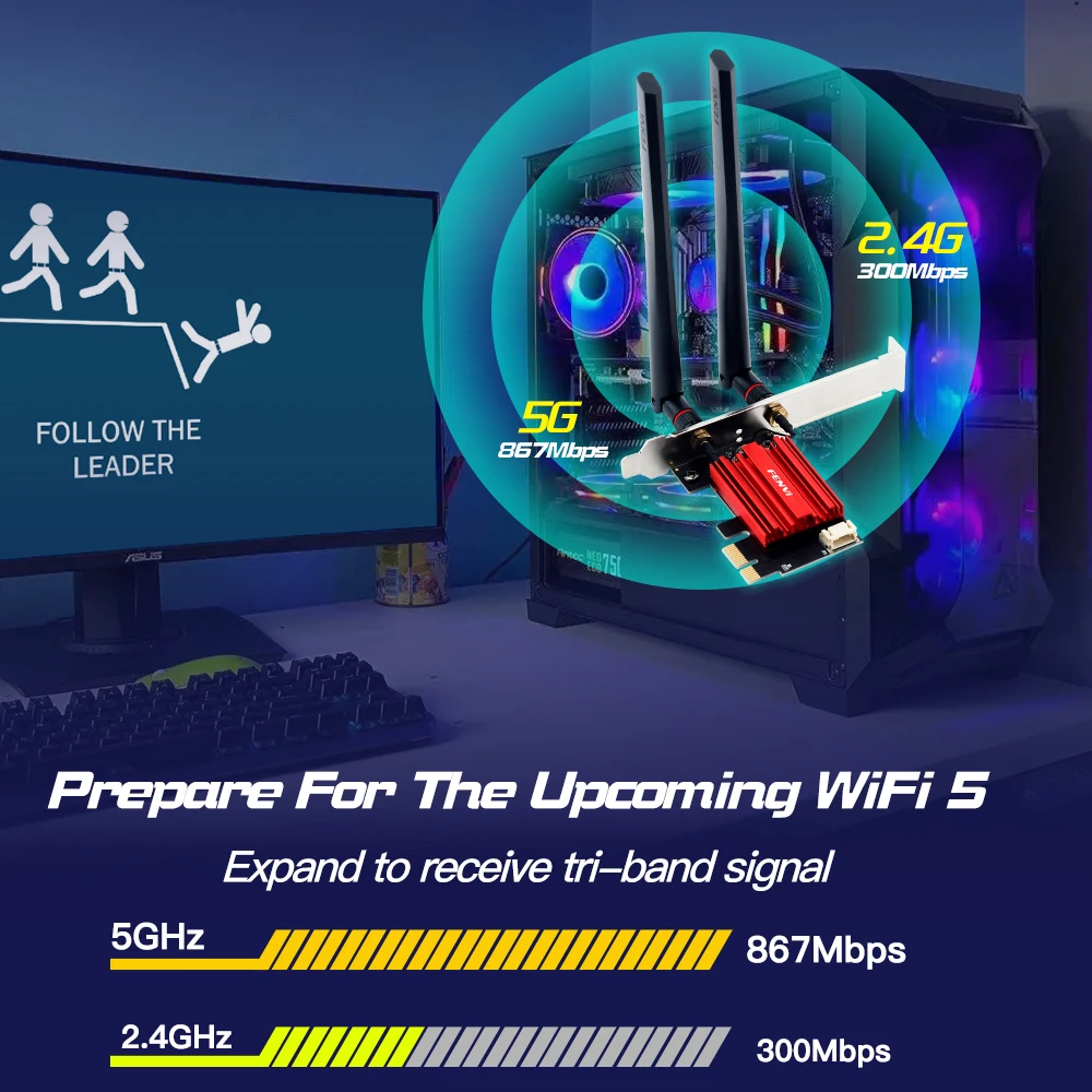 FENVI AC1200 WiFi 5 PCIE WiFi Adapter BT4.0 Wireless Network Card Dual Band 2.4Ghz/5GHz 802.11AC For Desktop PC Windows 7/10/11