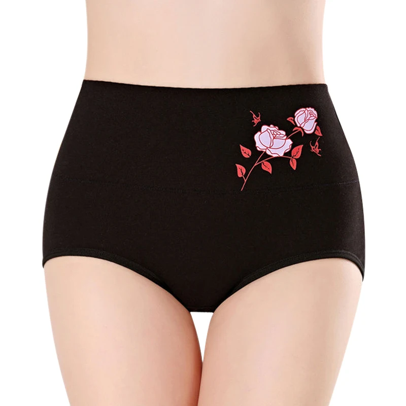 Women's Simple Cotton High-Rise Briefs Solid Belly Control Hip Lifting Underwear Floral Print Soft Breathable Casual Panties