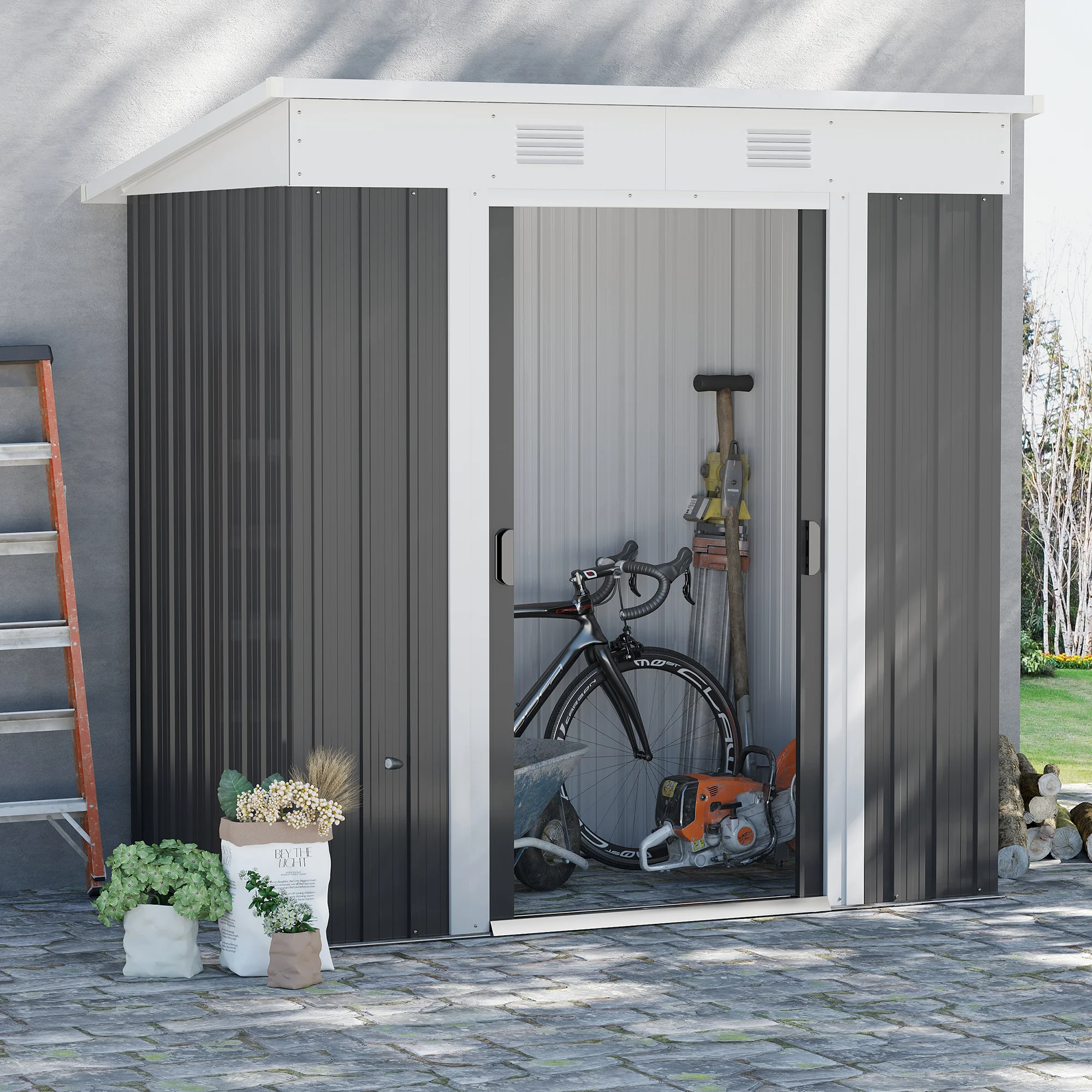 Shed de jardim para ferramentas de armazenamento externo de metal de 6' x 4' com 2 aberturas de ar para quintal