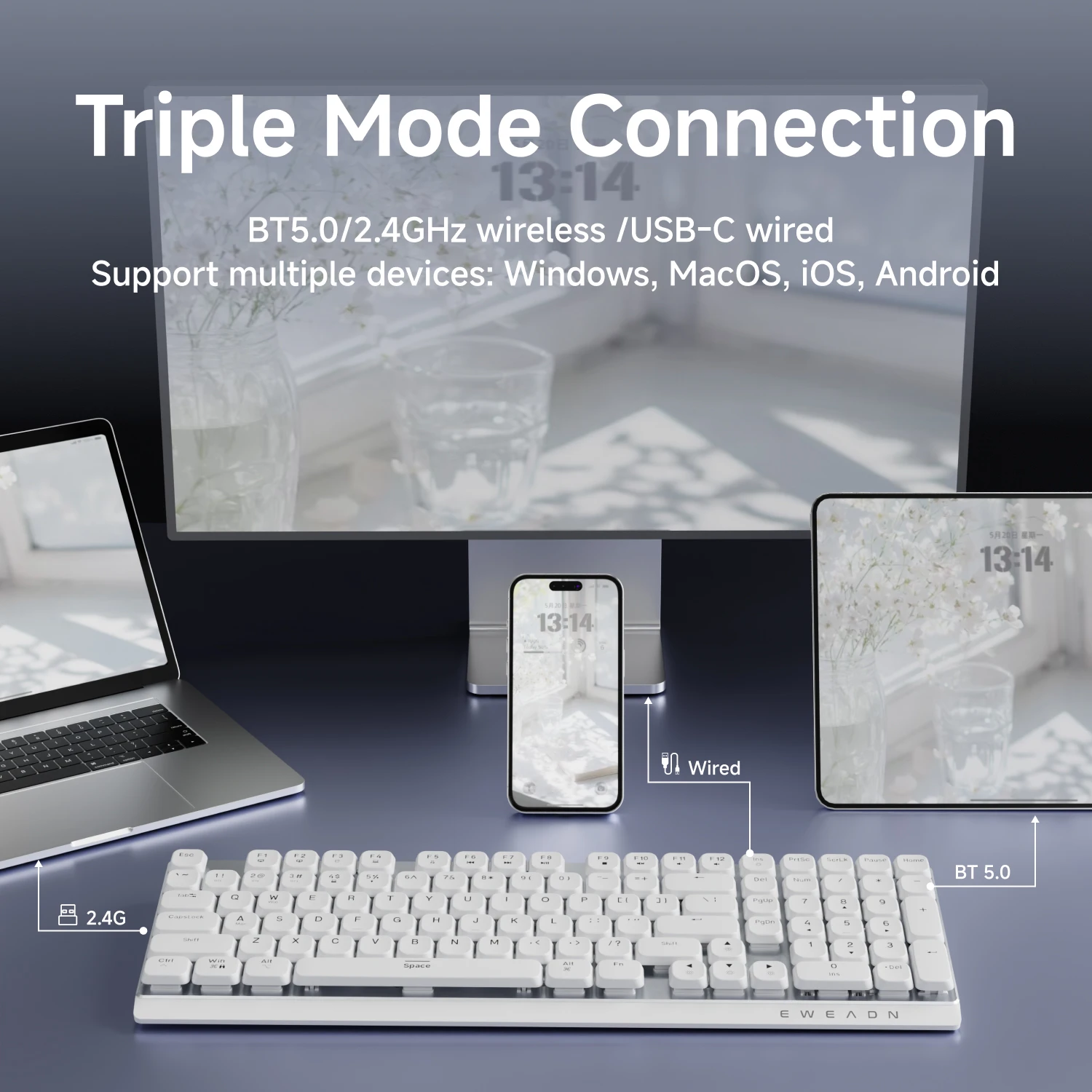 لوحة مفاتيح ألعاب ميكانيكية لاسلكية منخفضة المستوى من EWEADN، تصميم علوي مريح من الألومنيوم مع مفاتيح سريعة للرياضات الإلكترونية والمكتب