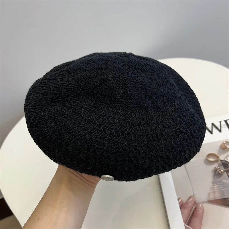 Japanese Fashion Knitted Breathable Berets for Women Spring and Summer Street Snap Concave Shape Literary and Retro Painter Hat