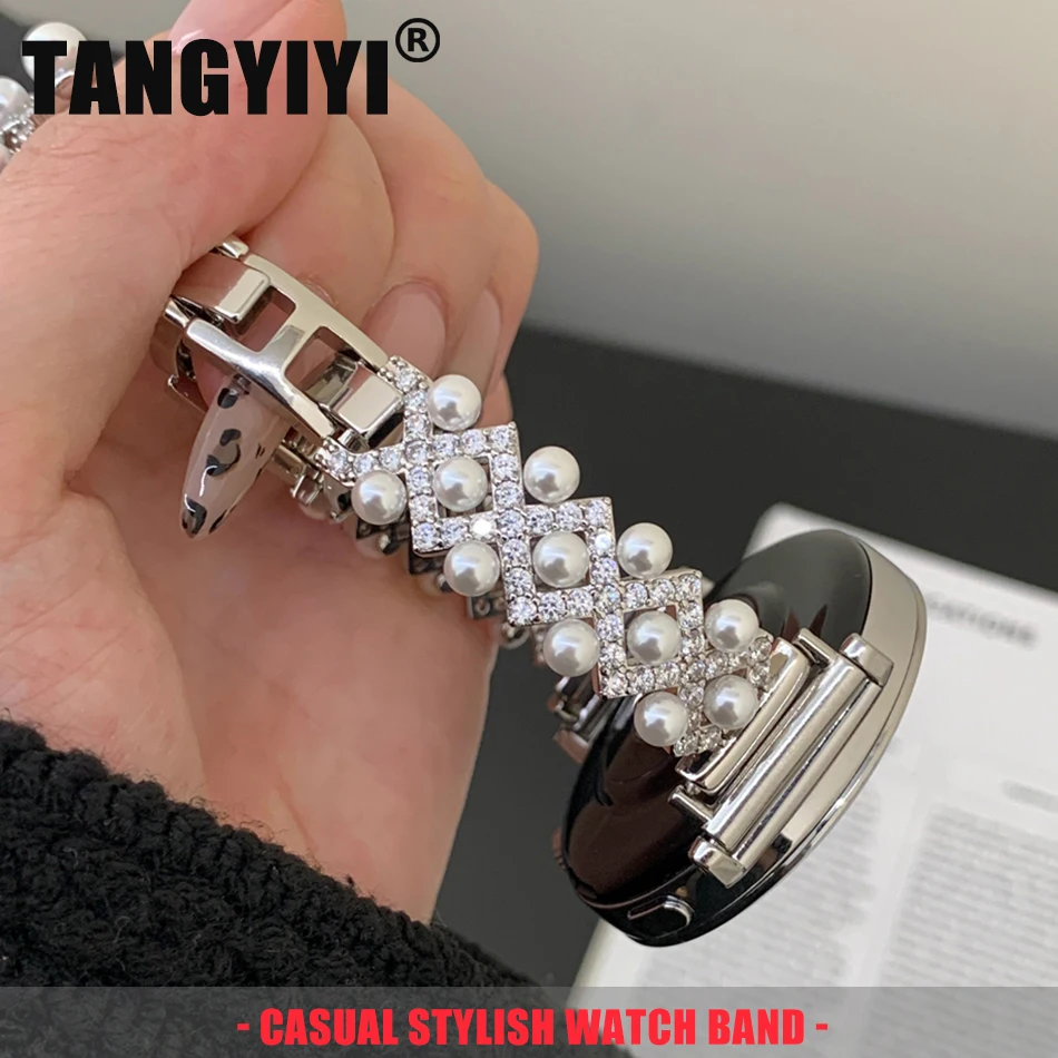 18/20/22MM Watch Band For Samsung Galaxy Watch 8/7/4 6 Classic 5 Pro Luxury Pearl Cross Diamond Copper Strap For Amazfit GTS Bip