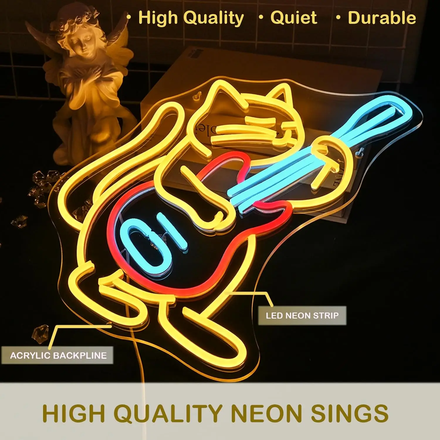 Guitar Cat USB Powered Led Neon Sign Dimmable Neon Light Wall Decor For Room DecorationBedroom Store Music Bar Party Gift