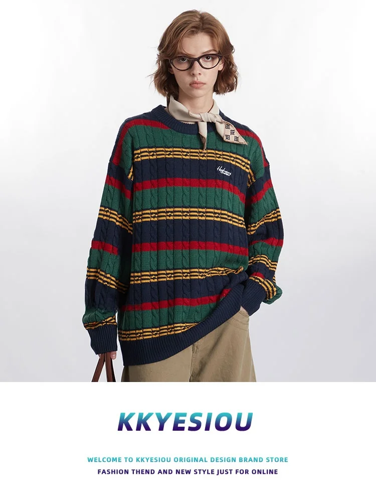

KKyesiou American Retro College Sle Knitted Sweater Couple Model Men's Sle round Ne Long Sve Regular Thin
