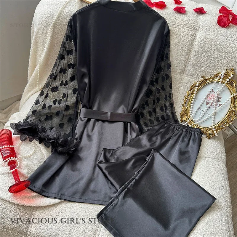 

Черный кружевной пижамный комплект с длинными рукавами и брюками, весенне-летний, из шелкового атласа, свободный повседневный домашний костюм для сна и отдыха