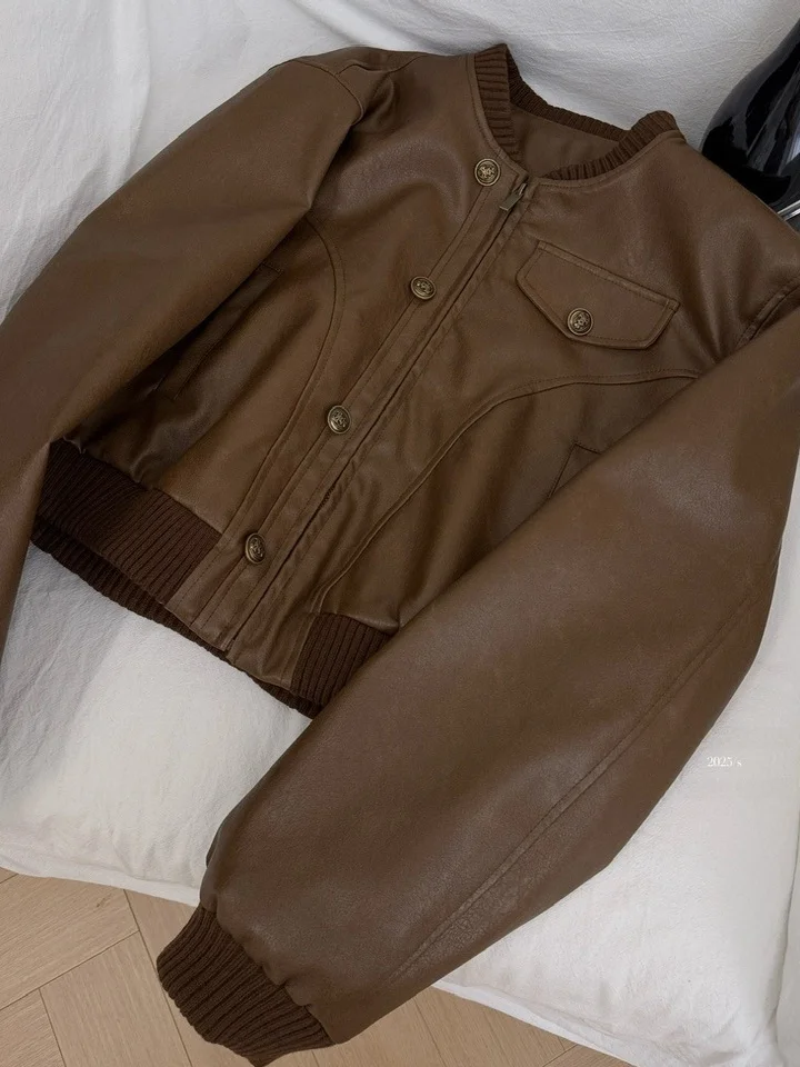 Retro Baseball Collar Leather Jaet ort Outerwear for Women High Waist Slimming Motorcycle Jaet Trendy Top Outerwear