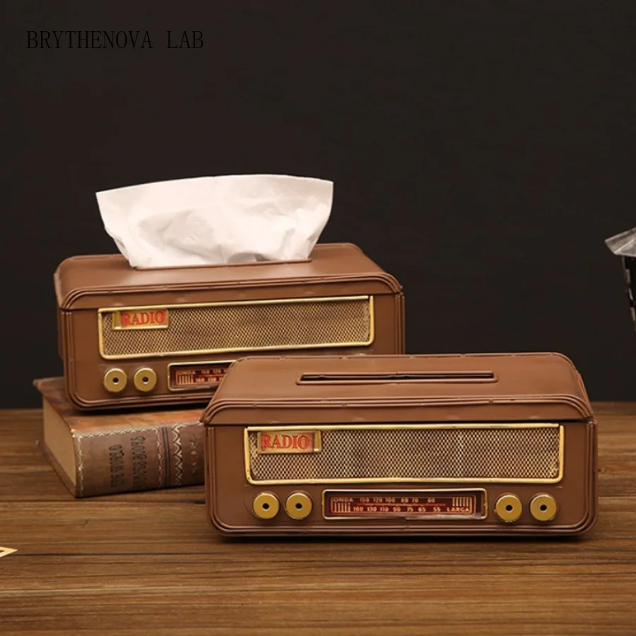Retro Radio Shape Tissue Box Cover Distressed Metal Napkin Holder Creative Dispenser Tissue Living Room Kitchen Counter Decor